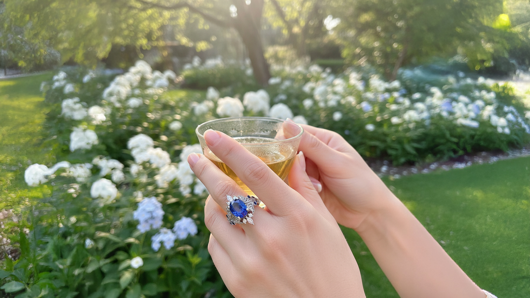 oval sapphire ring on models hand