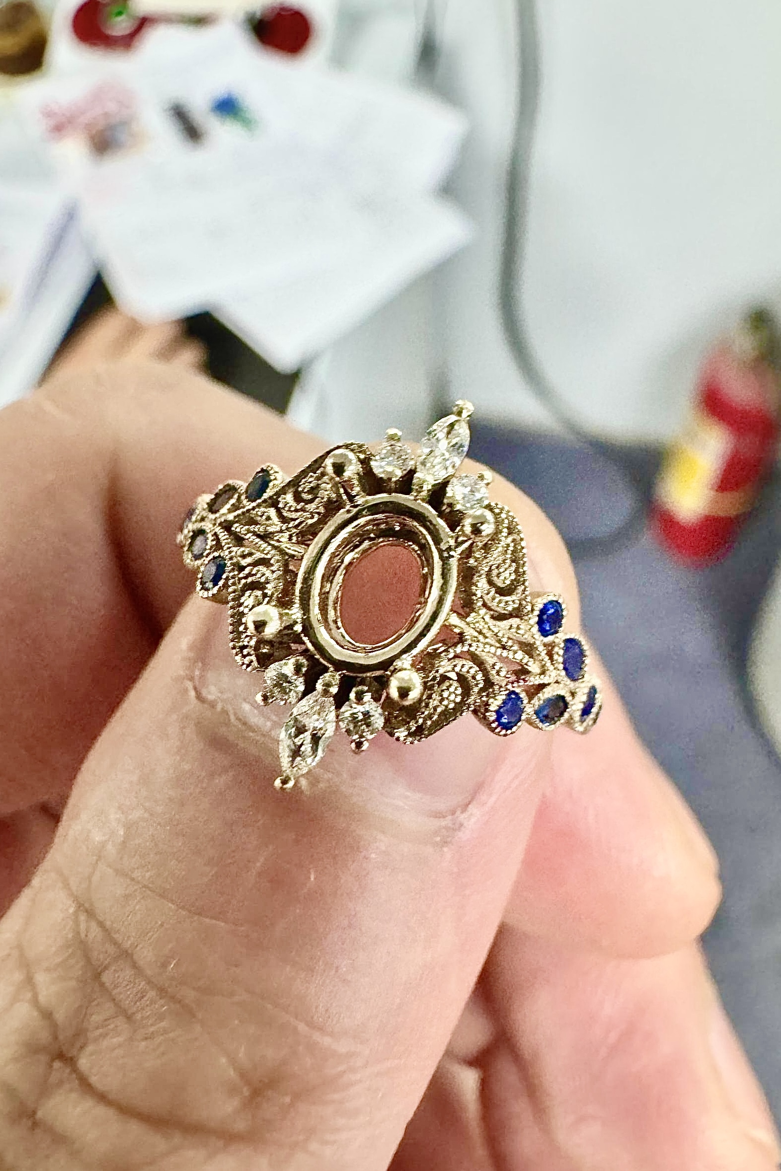 marquise and round diamond set on 14kt white gold setting