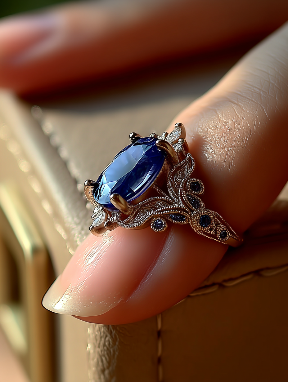 Oval sapphire ring on sapphire and diamond setting