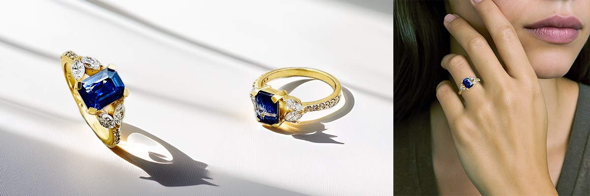 emerald cut sapphire engagement ring made with a floral design and set with natural diamonds.