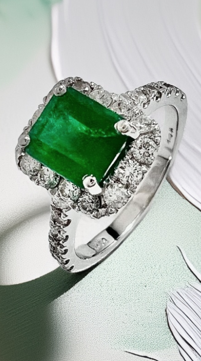 Angle view of emerald cut emerald engagement ring