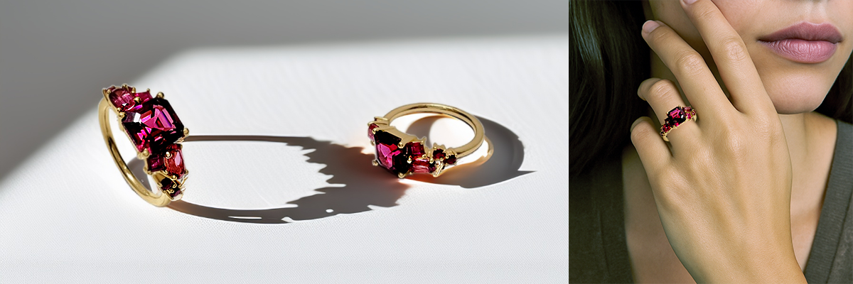 Unique garnet engagement ring with red spinels and rubies, set on 14kt yellow gold.