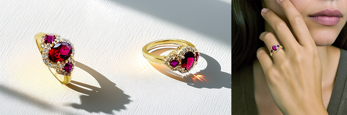 A unique gemstone engagement ring made with pink tourmalines, rubies, and natural diamonds.